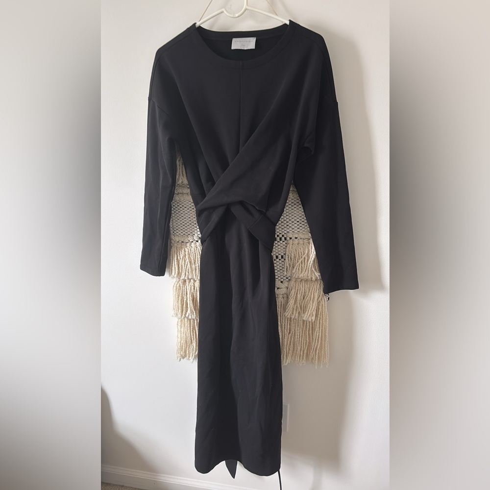 Modern Citizen Audrey Tie-Front Terry Long Sleeve Midi Dress Black Size Large — image 2 of 4